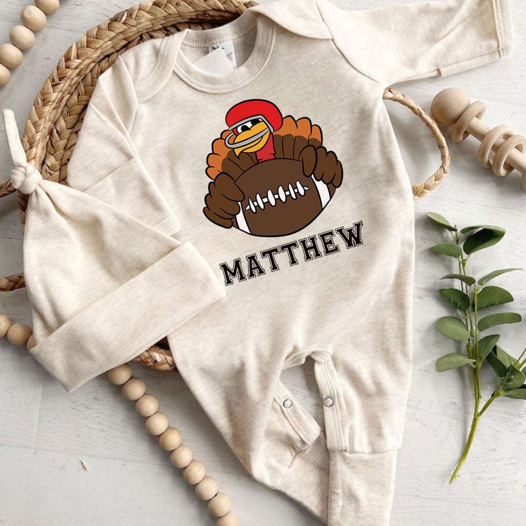 Personalized Thanksgiving Football Turkey Romper – 1st Thanksgiving Style - BabiChic