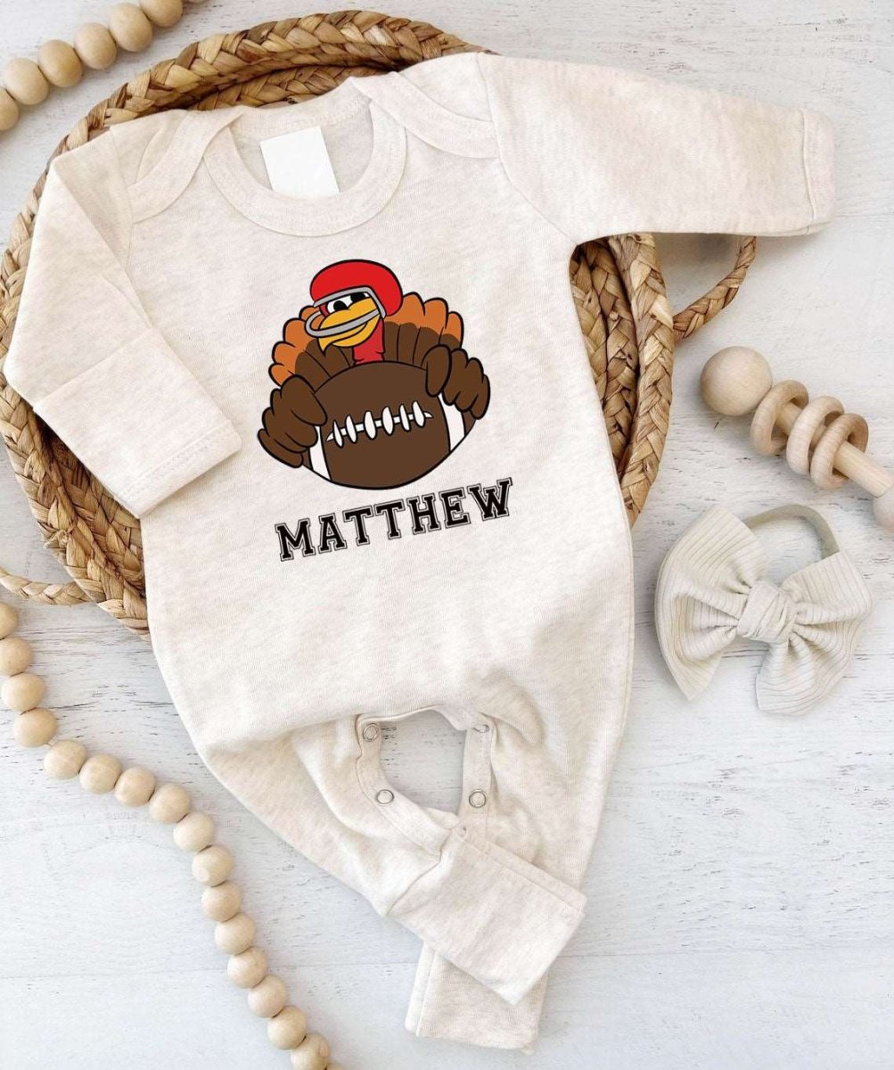 Personalized Thanksgiving Football Turkey Romper – 1st Thanksgiving Style - BabiChic