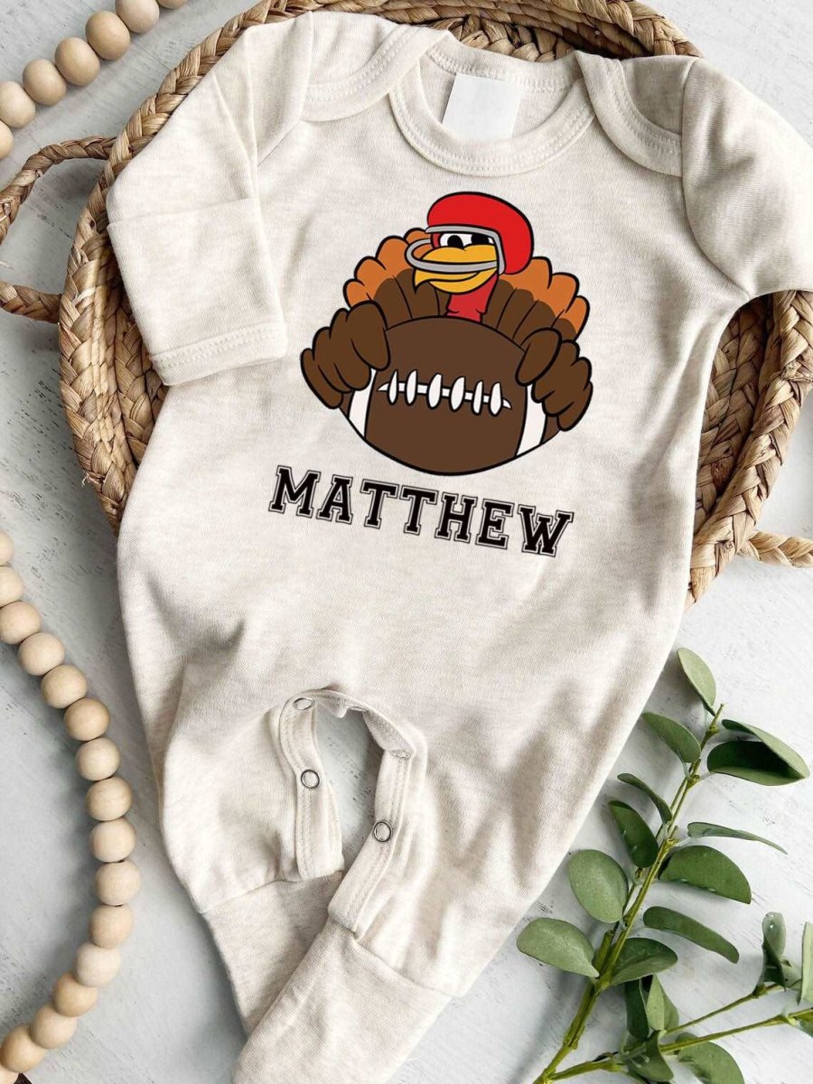 Personalized Thanksgiving Football Turkey Romper – 1st Thanksgiving Style - BabiChic