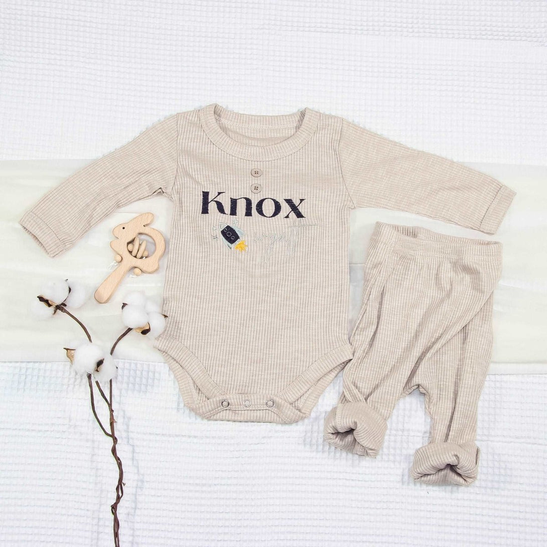 Personalized Top & Bottom Baby Must Haves - Long Sleeve Onesies & Long Pants - Embroidered Name Walking Outfits - BabiChic