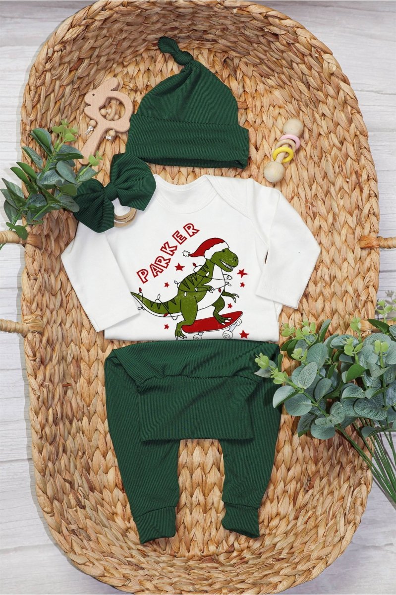 Personalized Tree Rex Retro Christmas Baby Boy Onesie and Long Pants Set | Custom Dinosaur Retro First Christmas Baby Bodysuit - BabiChic