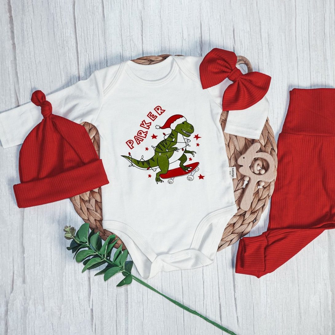 Personalized Tree Rex Retro Christmas Baby Boy Onesie and Long Pants Set | Custom Dinosaur Retro First Christmas Baby Bodysuit - BabiChic