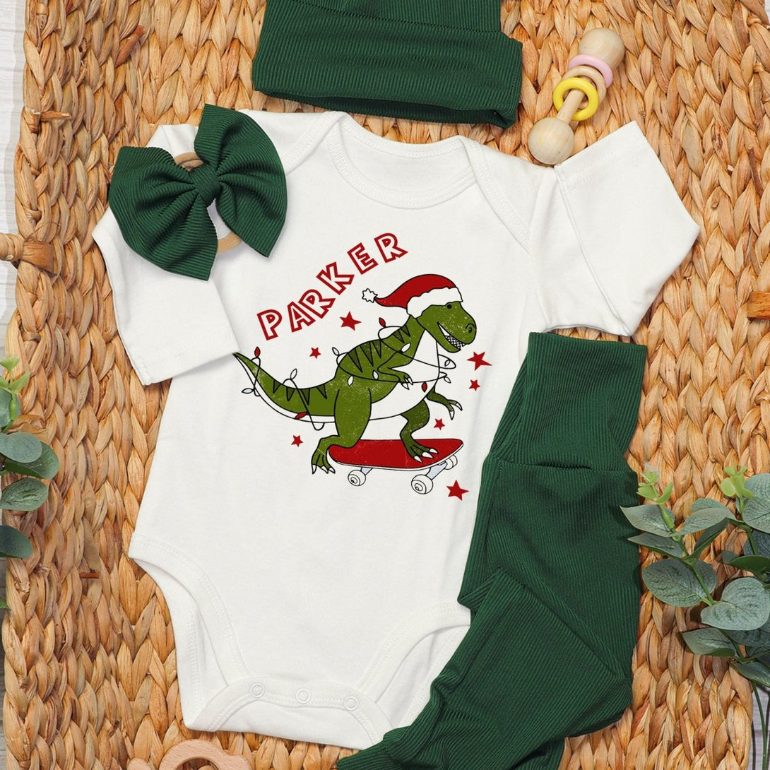 Personalized Tree Rex Retro Christmas Baby Boy Onesie and Long Pants Set | Custom Dinosaur Retro First Christmas Baby Bodysuit - BabiChic