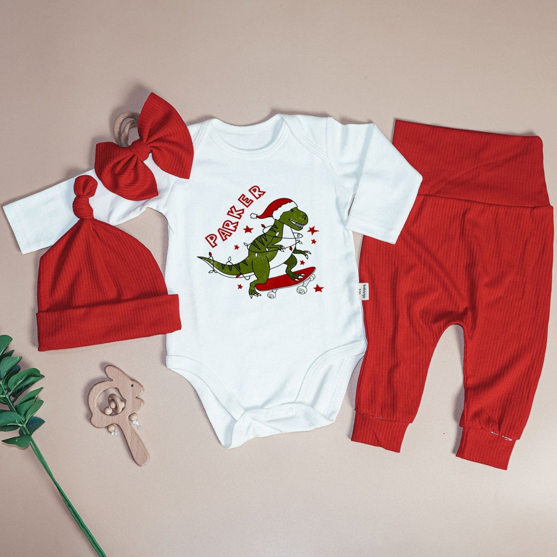 Personalized Tree Rex Retro Christmas Baby Boy Onesie and Long Pants Set | Custom Dinosaur Retro First Christmas Baby Bodysuit - BabiChic