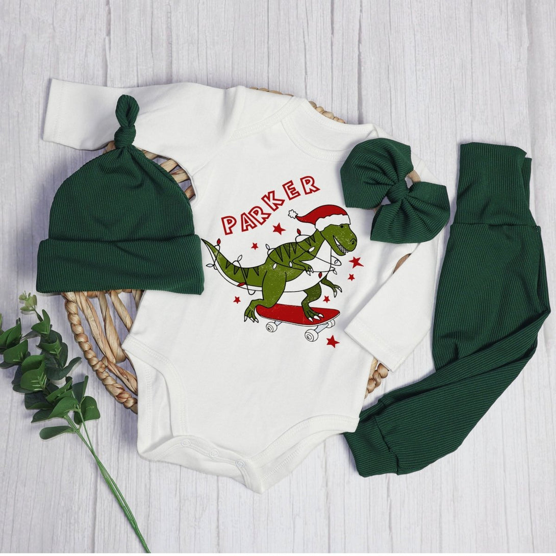 Personalized Tree Rex Retro Christmas Baby Boy Onesie and Long Pants Set | Custom Dinosaur Retro First Christmas Baby Bodysuit - BabiChic