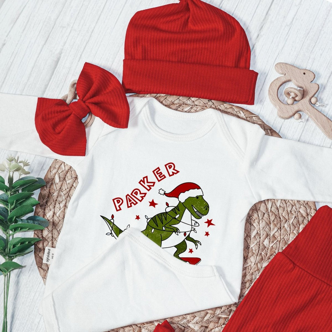 Personalized Tree Rex Retro Christmas Baby Boy Onesie and Long Pants Set | Custom Dinosaur Retro First Christmas Baby Bodysuit - BabiChic