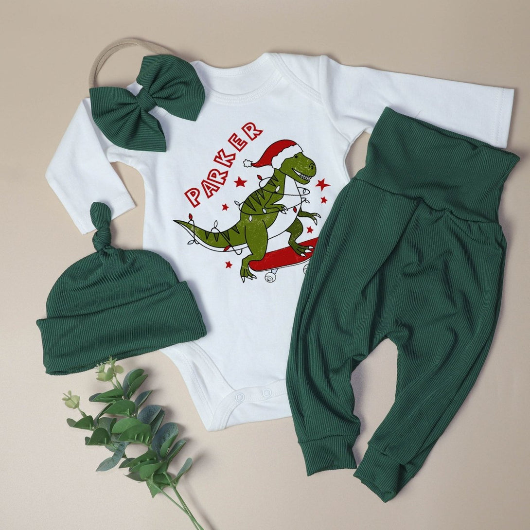 Personalized Tree Rex Retro Christmas Baby Boy Onesie and Long Pants Set | Custom Dinosaur Retro First Christmas Baby Bodysuit - BabiChic