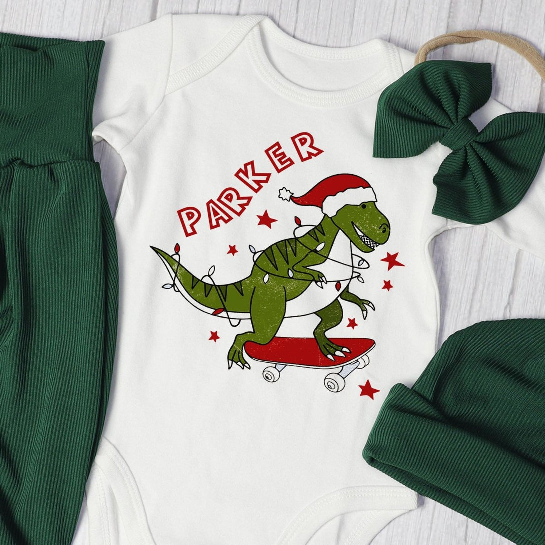 Personalized Tree Rex Retro Christmas Baby Boy Onesie and Long Pants Set | Custom Dinosaur Retro First Christmas Baby Bodysuit - BabiChic