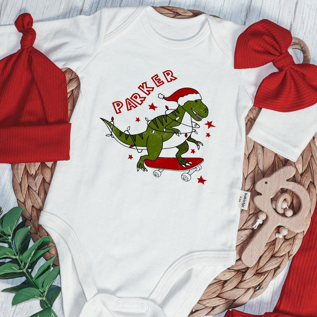 Personalized Tree Rex Retro Christmas Baby Boy Onesie and Long Pants Set | Custom Dinosaur Retro First Christmas Baby Bodysuit - BabiChic