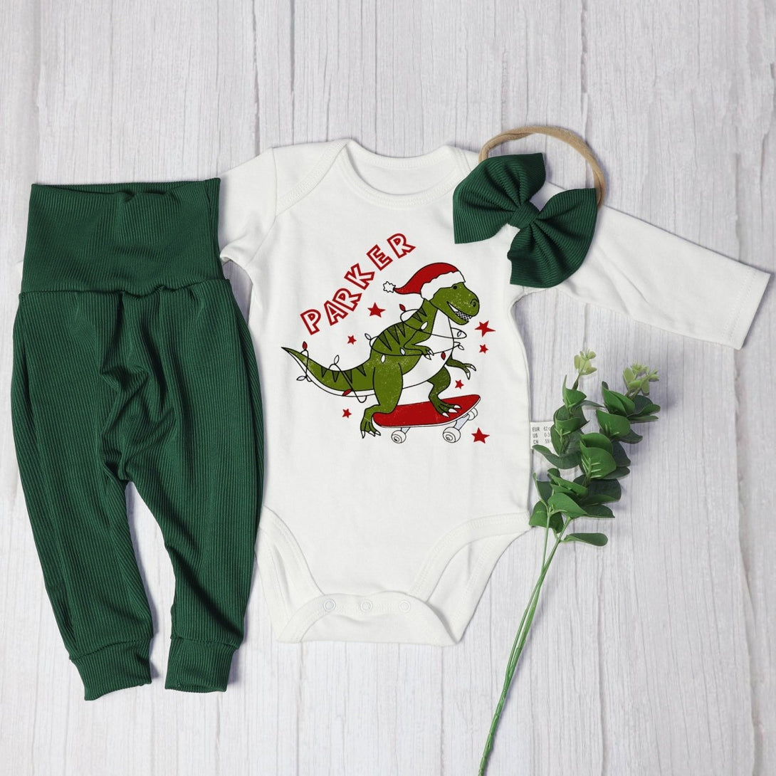 Personalized Tree Rex Retro Christmas Baby Boy Onesie and Long Pants Set | Custom Dinosaur Retro First Christmas Baby Bodysuit - BabiChic