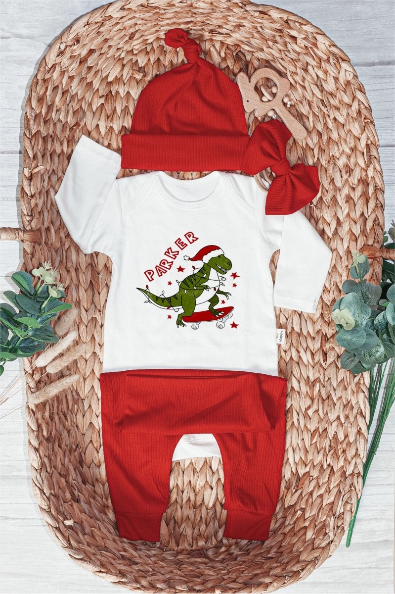 Personalized Tree Rex Retro Christmas Baby Boy Onesie and Long Pants Set | Custom Dinosaur Retro First Christmas Baby Bodysuit - BabiChic