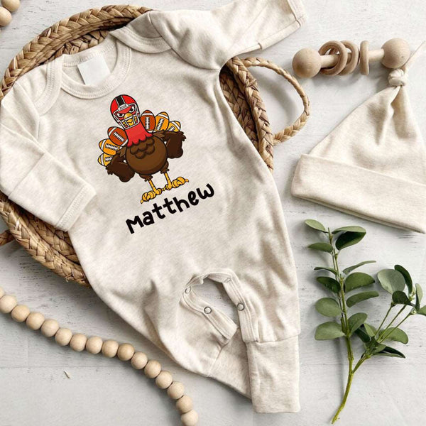 Personalized Turkey Football Baby Boy Romper – My First Thanksgiving Style - BabiChic