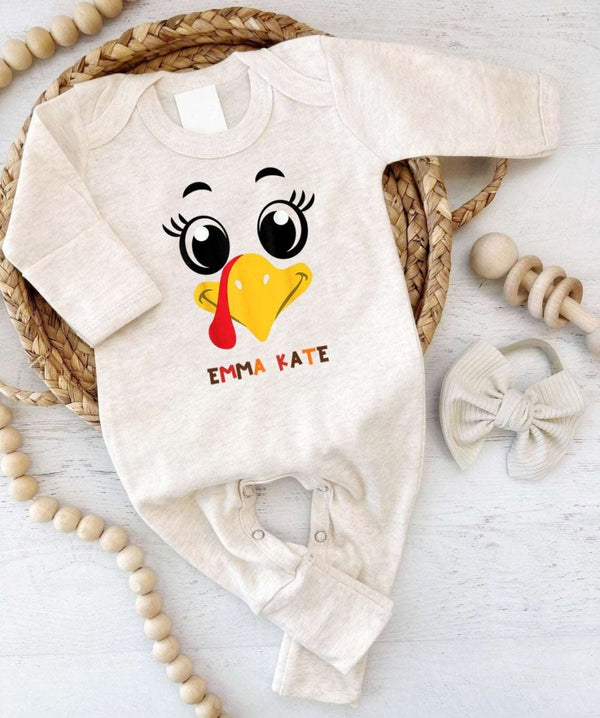 Personalized Turkey Thanksgiving Romper – My First Thanksgiving Baby Girl Joy - BabiChic