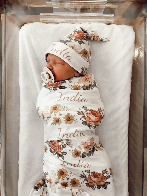 PERSONALIZED VINTAGE Floral Swaddle Blanket - Newborn Girl Baby Name Announcement Going Home Outfit Shower Gift Hospital Photo Beautiful - BabiChic