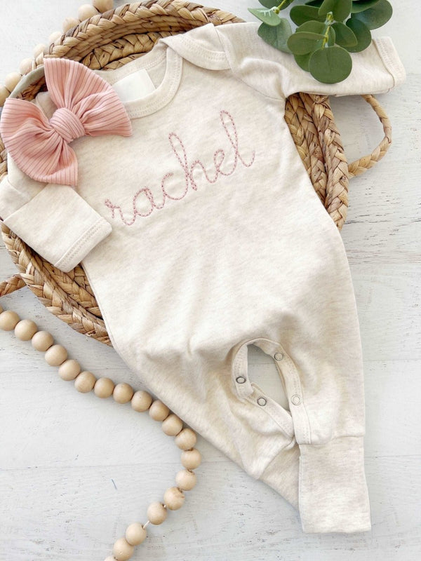 Personalized Vintage Stitch Girl Romper With Bow & Turban, Custom Girl Coming Home Outfit, Baby Shower Gift - BabiChic
