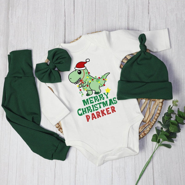 Pesonalized Christmas Dinosaur Baby Onesie and Green Long Pants Set | Cute Baby Holiday Bodysuit - BabiChic