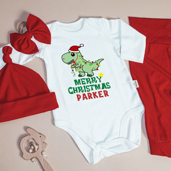 Pesonalized Christmas Dinosaur Baby Onesie and Long Pants Set | Cute Baby Holiday Bodysuit - BabiChic