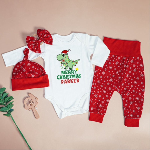 Pesonalized Christmas Dinosaur Baby Onesie and Long Pants Set | Cute Baby Holiday Bodysuit | - BabiChic