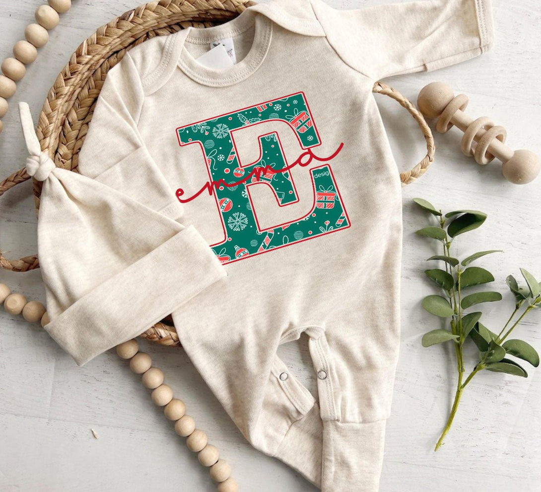 Pesonalized Christmas Neutral Baby Romper with Bow or Hat | Oatmeal Romper with Blue and Red Christmas Print Initial Baby Name | Newborn Xmas Outfit - BabiChic