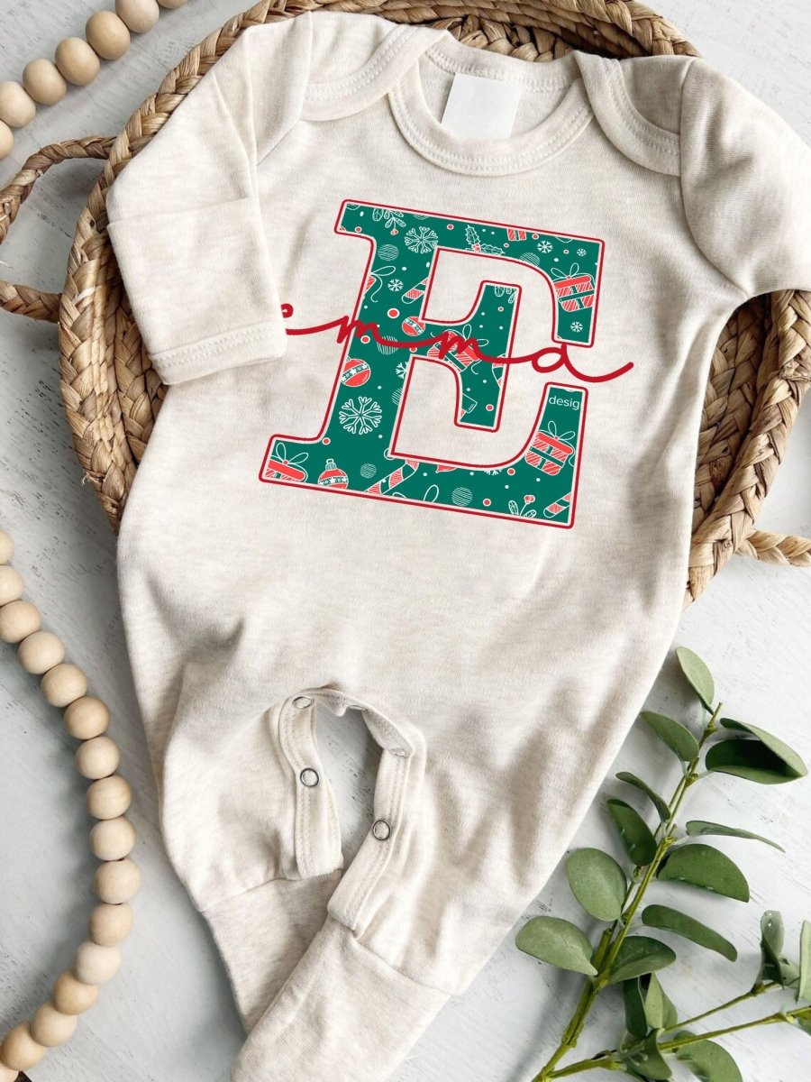 Pesonalized Christmas Neutral Baby Romper with Bow or Hat | Oatmeal Romper with Blue and Red Christmas Print Initial Baby Name | Newborn Xmas Outfit - BabiChic