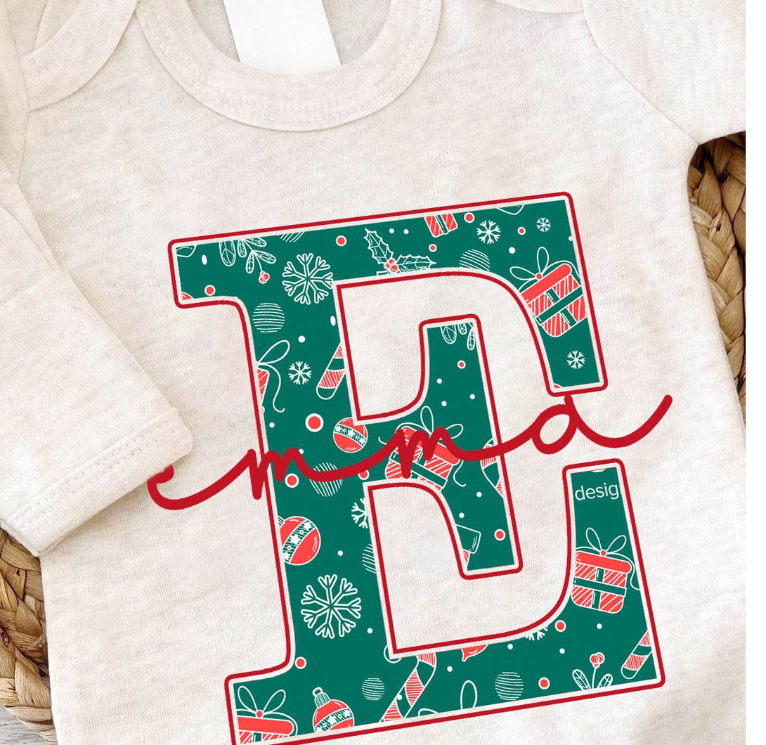 Pesonalized Christmas Neutral Baby Romper with Bow or Hat | Oatmeal Romper with Blue and Red Christmas Print Initial Baby Name | Newborn Xmas Outfit - BabiChic