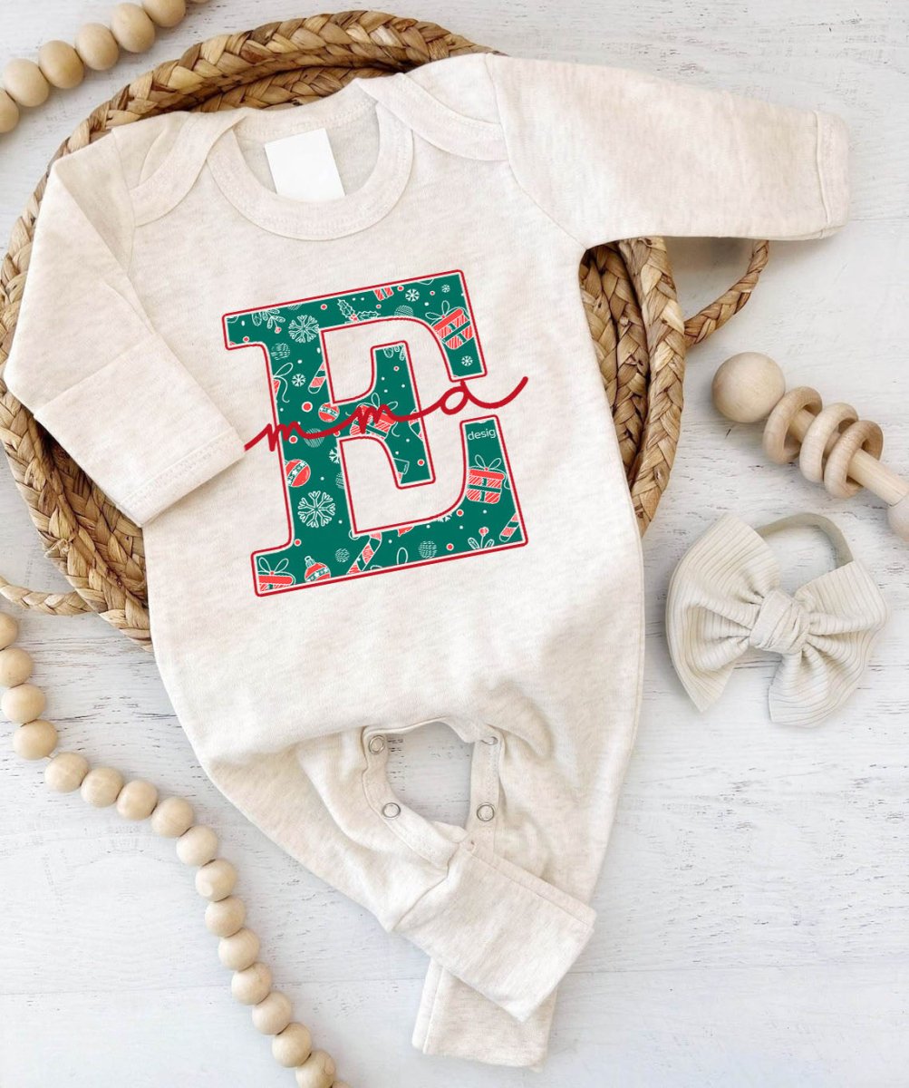 Pesonalized Christmas Neutral Baby Romper with Bow or Hat | Oatmeal Romper with Blue and Red Christmas Print Initial Baby Name | Newborn Xmas Outfit - BabiChic