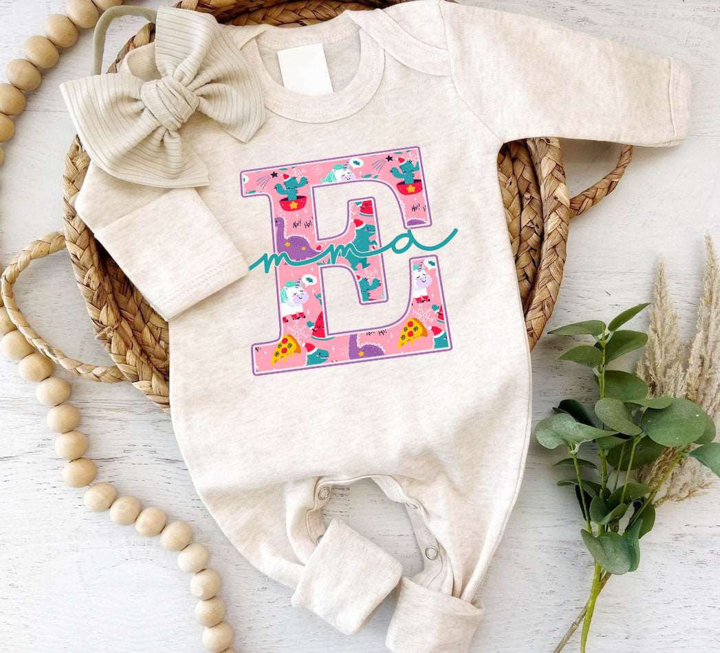 Pesonalized Christmas Neutral Baby Romper with Bow or Hat | Oatmeal Romper with Blue Dinosaur Christmas Print Initial Baby Name | Newborn Xmas Outfit - BabiChic