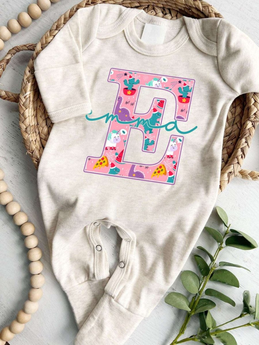 Pesonalized Christmas Neutral Baby Romper with Bow or Hat | Oatmeal Romper with Blue Dinosaur Christmas Print Initial Baby Name | Newborn Xmas Outfit - BabiChic