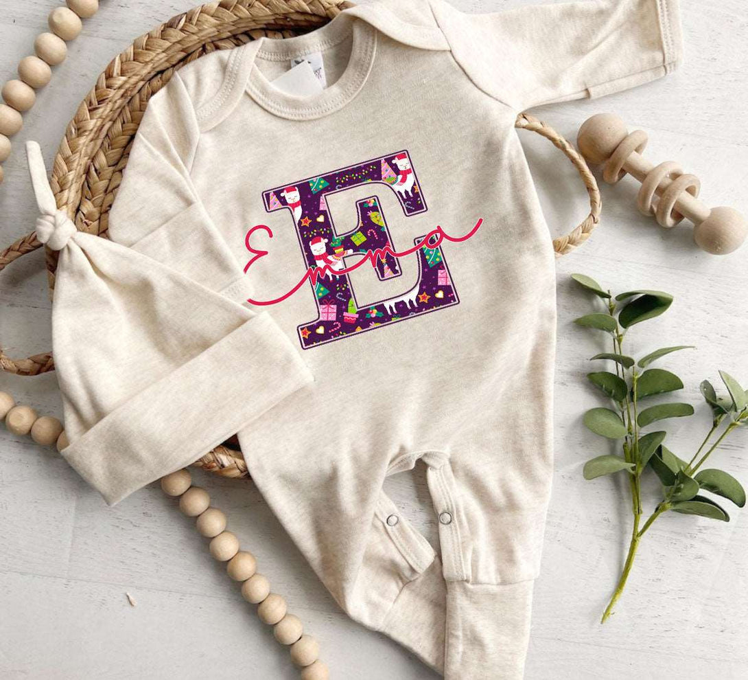 Pesonalized Christmas Neutral Baby Romper with Bow or Hat | Oatmeal Romper with Llama Christmas Print Initial Baby Name | Newborn Xmas Outfit - BabiChic