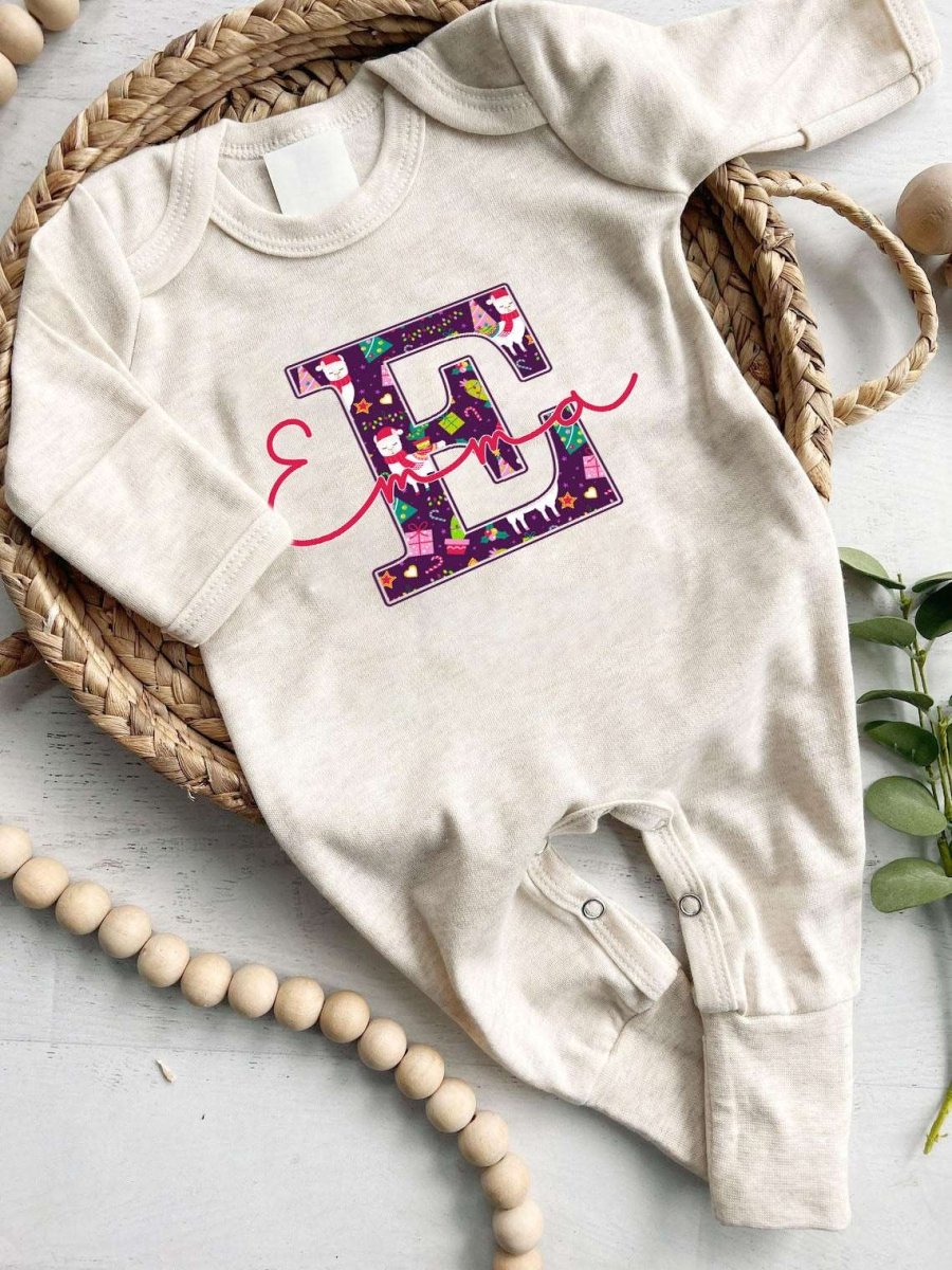 Pesonalized Christmas Neutral Baby Romper with Bow or Hat | Oatmeal Romper with Llama Christmas Print Initial Baby Name | Newborn Xmas Outfit - BabiChic