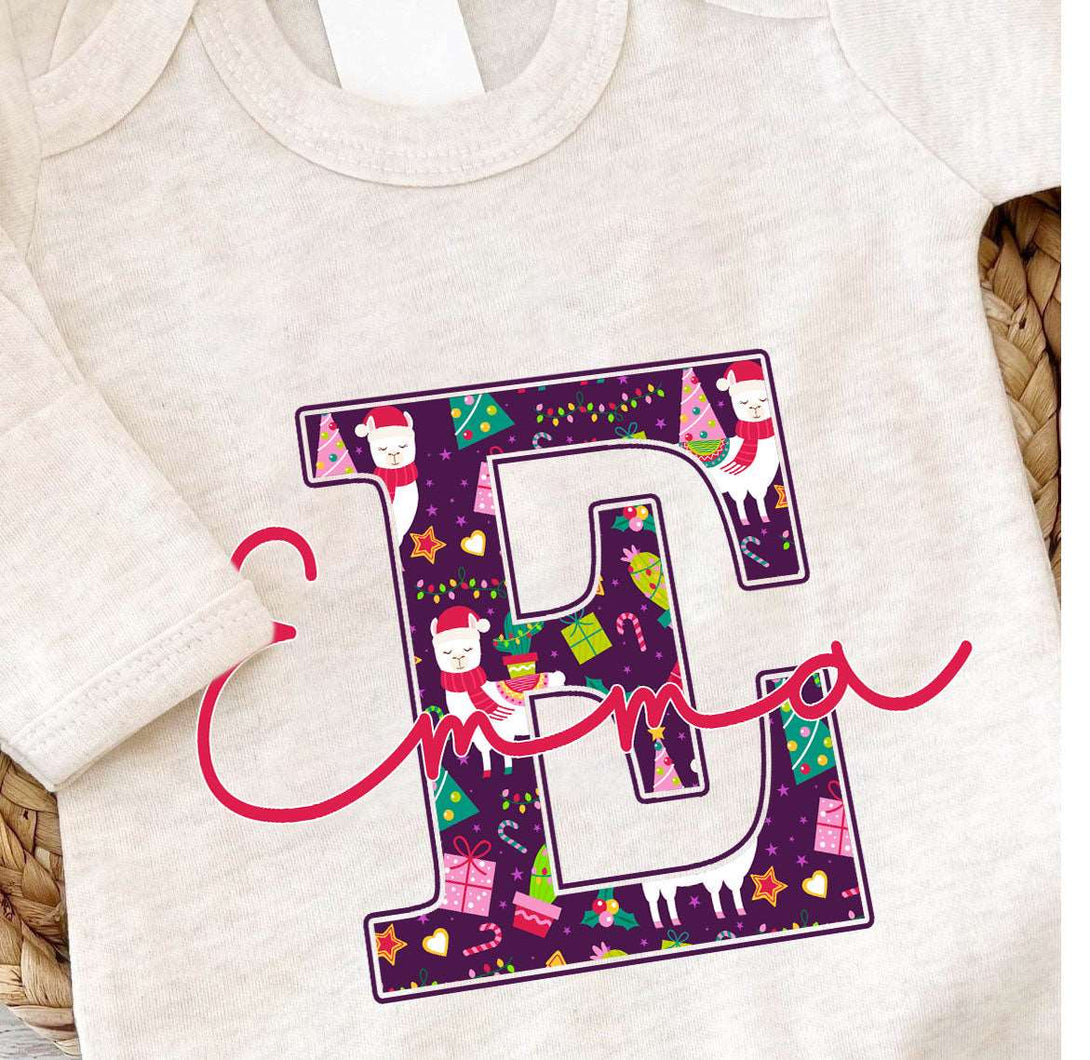 Pesonalized Christmas Neutral Baby Romper with Bow or Hat | Oatmeal Romper with Llama Christmas Print Initial Baby Name | Newborn Xmas Outfit - BabiChic