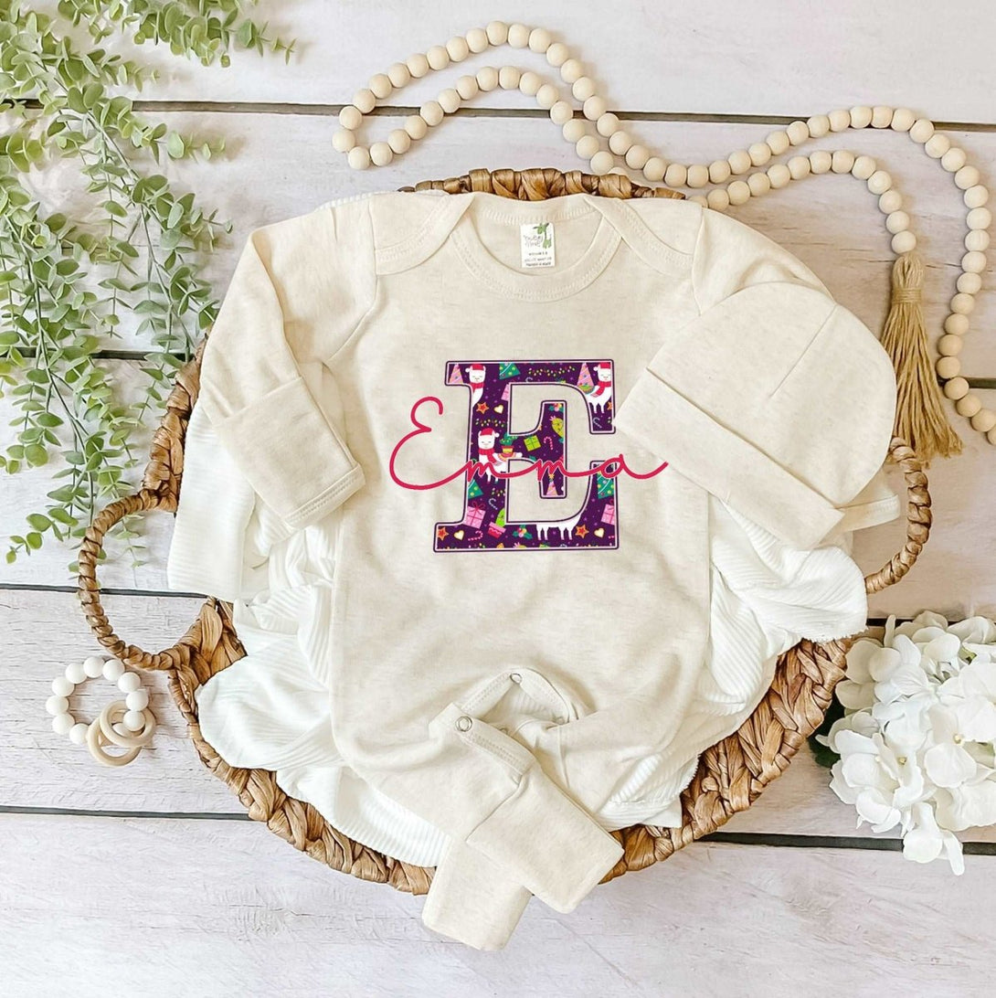 Pesonalized Christmas Neutral Baby Romper with Bow or Hat | Oatmeal Romper with Llama Christmas Print Initial Baby Name | Newborn Xmas Outfit - BabiChic