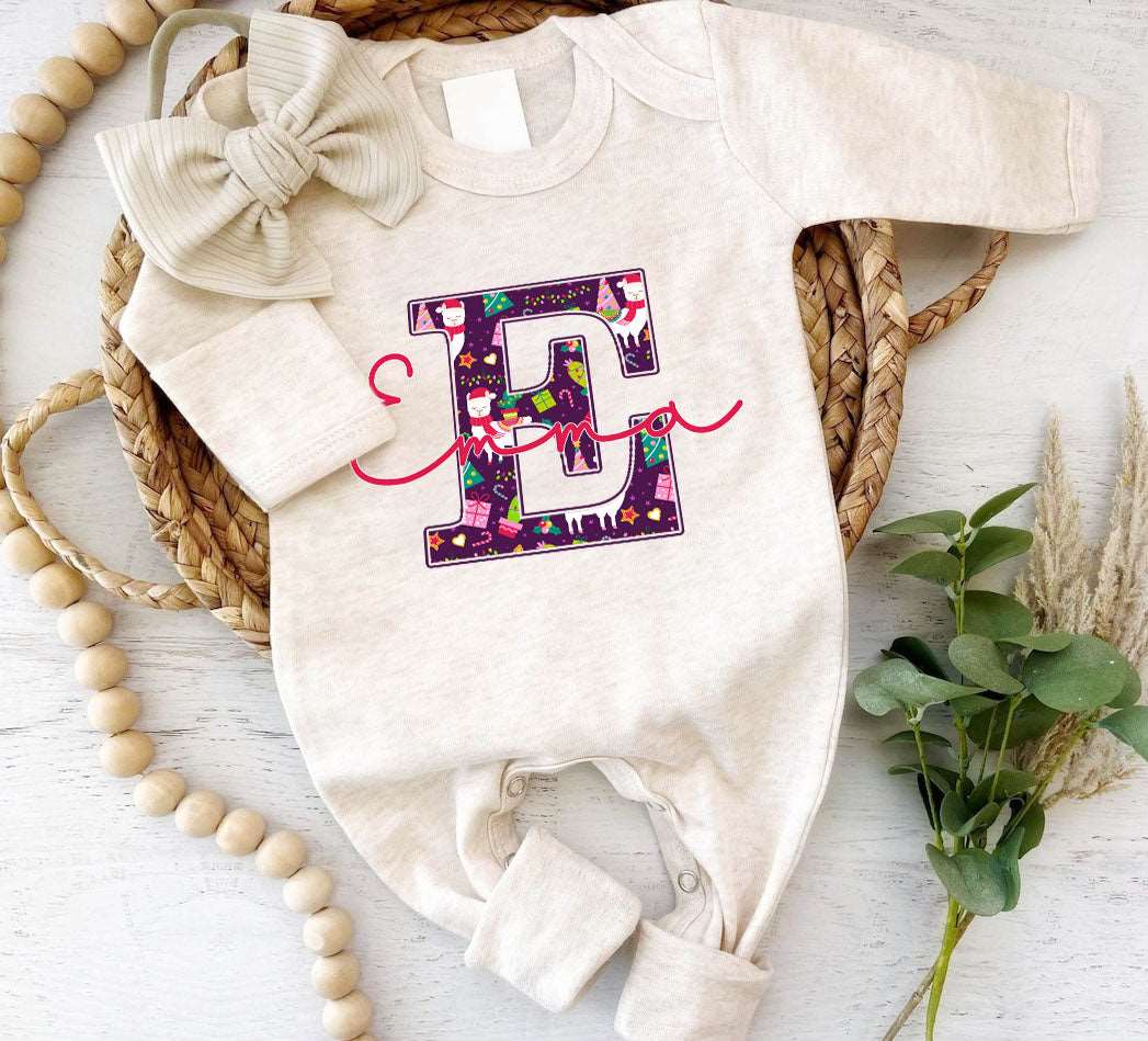 Pesonalized Christmas Neutral Baby Romper with Bow or Hat | Oatmeal Romper with Llama Christmas Print Initial Baby Name | Newborn Xmas Outfit - BabiChic