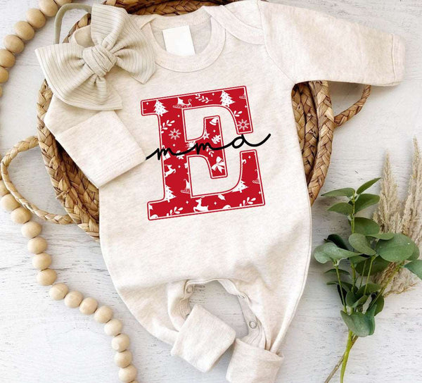 Pesonalized Christmas Neutral Baby Romper with Bow or Hat | Oatmeal Romper with Red Christmas Tree Print Initial Baby Name | Newborn Xmas Outfit - BabiChic