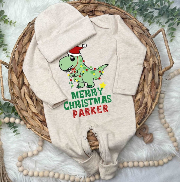 Pesonalized Christmas Neutral Infant Romper with Bow or Hat | Oatmeal Romper Merry Christmas Cute Dinosaur Baby Name | Baby Christmas Outfit - BabiChic