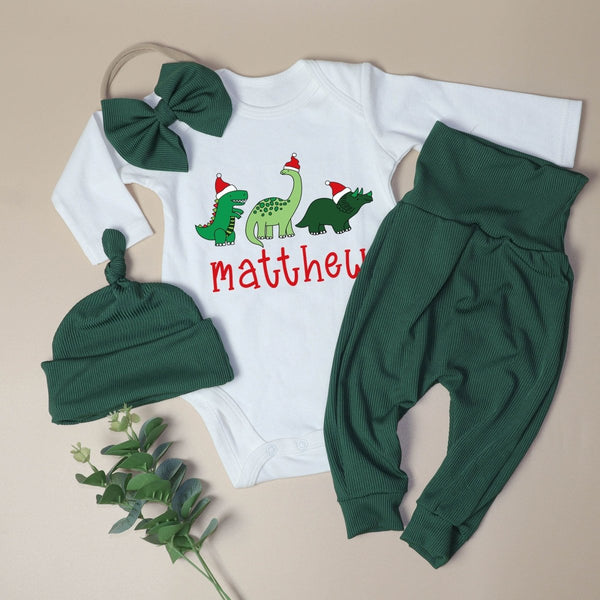 Pesonalized Dinosaur Christmas Baby Onesie and Green Long Pants Set | Custom Christmas Baby Saurus Bodysuit - BabiChic