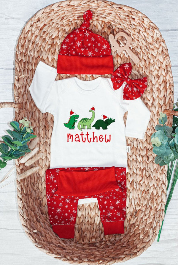 Pesonalized Dinosaur Christmas Baby Onesie and Long Pants Set | Custom Christmas Baby Saurus Bodysuit - BabiChic