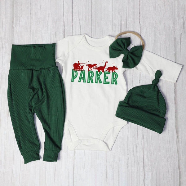 Pesonalized Santa Sleigh Dinosaur Christmas Baby Onesie and Long Pants Set | Baby Boy's Xmas T-Rex | Funny Christmas Bodysuit - BabiChic