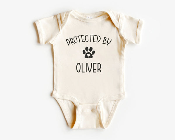 Protected By Dog Baby Onesie - Cute Personalized Bodysuit - Natural Custom Baby Onesie - BabiChic