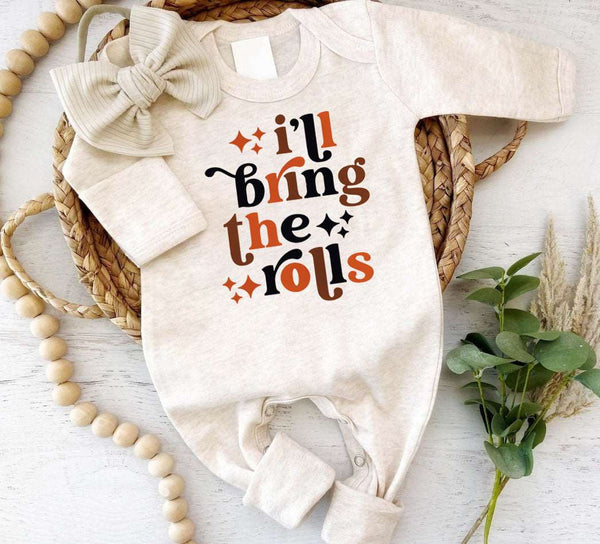 Retro I'll Bring the Rolls Neutral Baby Reveal Romper – Autumn Fall Natural Youth Bodysuit for Vintage Thanksgiving - BabiChic