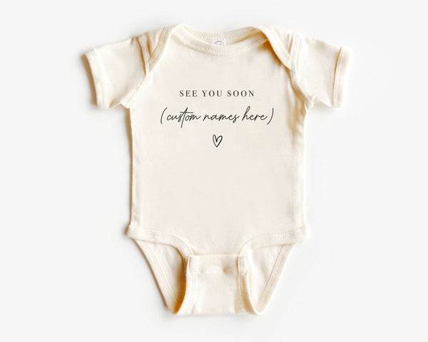 See You Soon Custom Announcement Onesie - Personalized Grandma + Grandpa Bodysuit - Simple Natural Baby Onesie - BabiChic