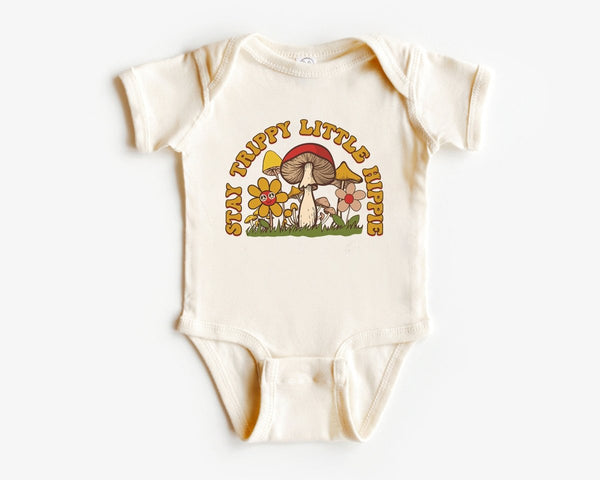 Stay Trippie Little Hippie Onesie - Retro Girls Boho Bodysuit - Cute Mushroom Natural Baby Onesie - BabiChic